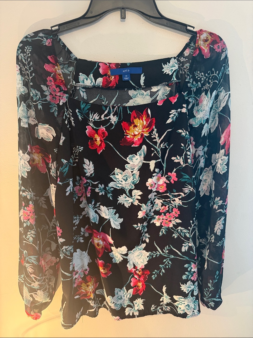 Apt. 9 Black Floral Long-Sleeve Peasant Blouse